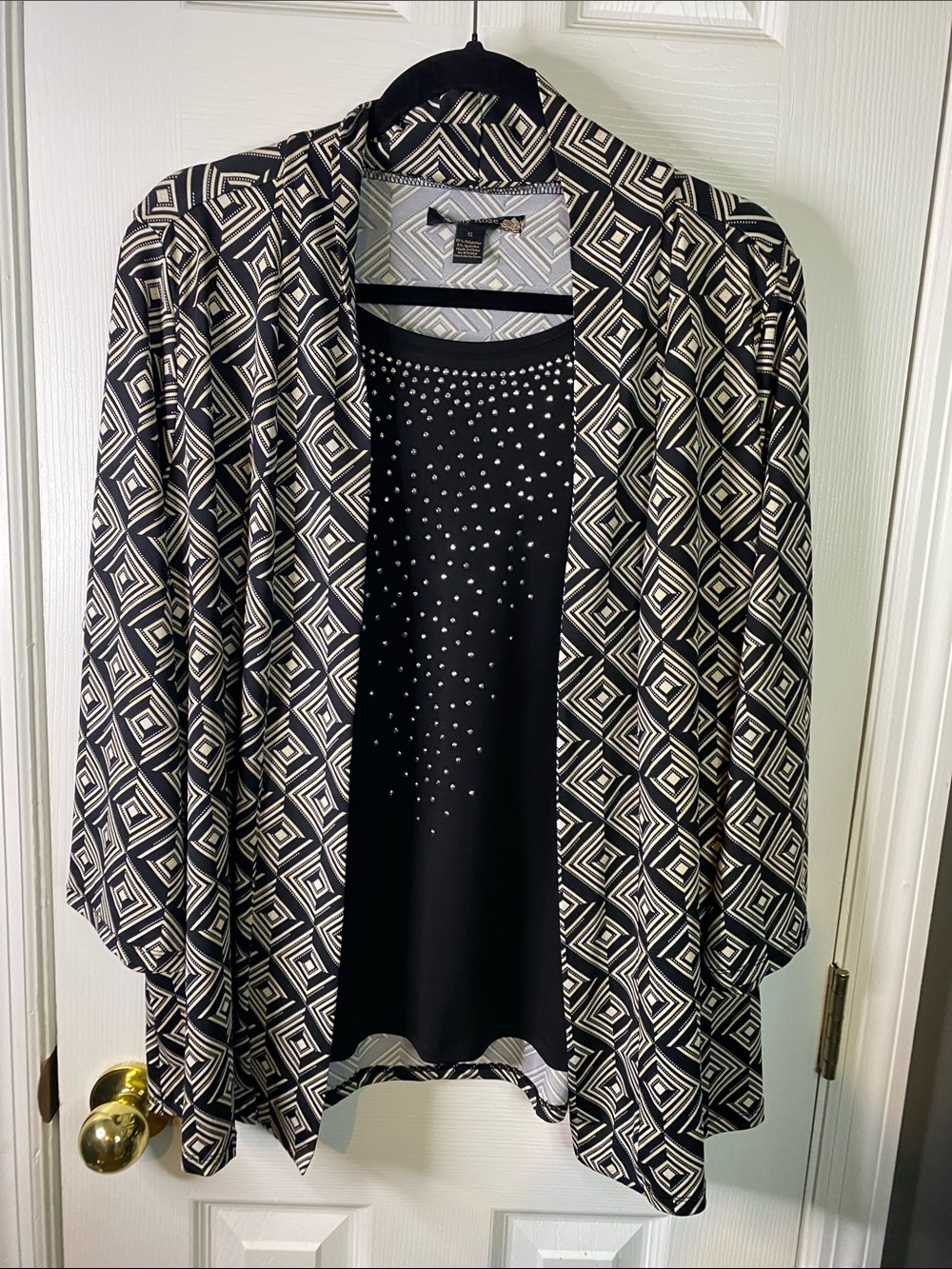 Emily Rose Black and Cream Open-Front Cardigan with Studded Panel Size XLarge.